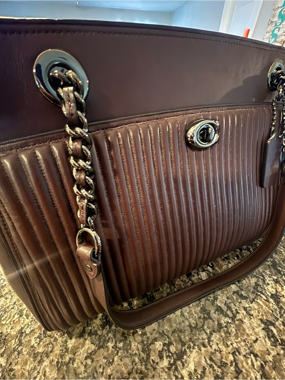 Coach Quilted Tote Bag in Dark Brown worh chain handles